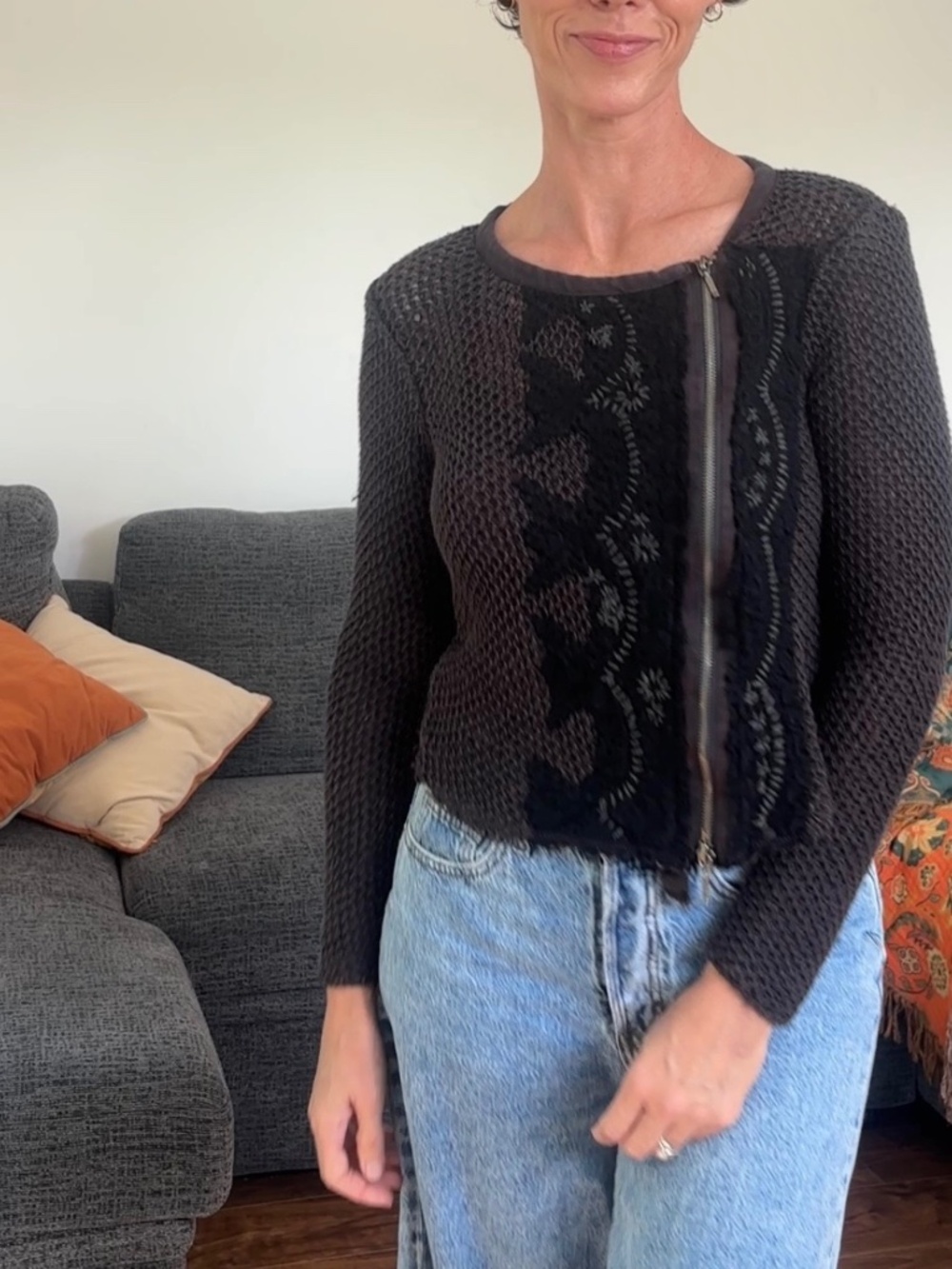 Free People Femme Fatale Moto Knit Zip Cardigan, featuring an open-knit texture,